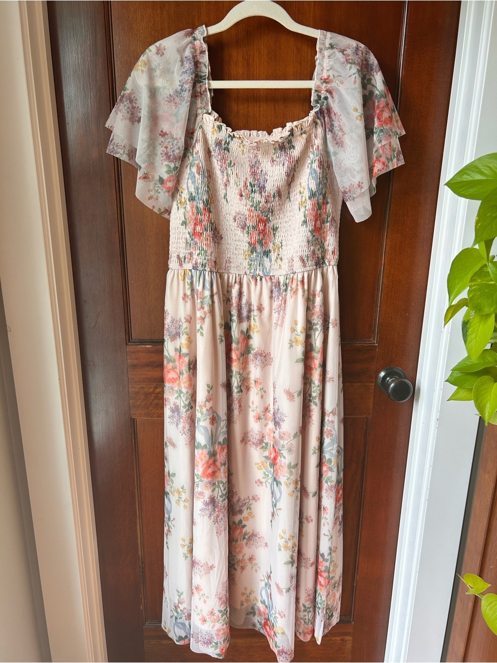 Women’s Floral Pink Maxi Dress with Flutter Sleeves
